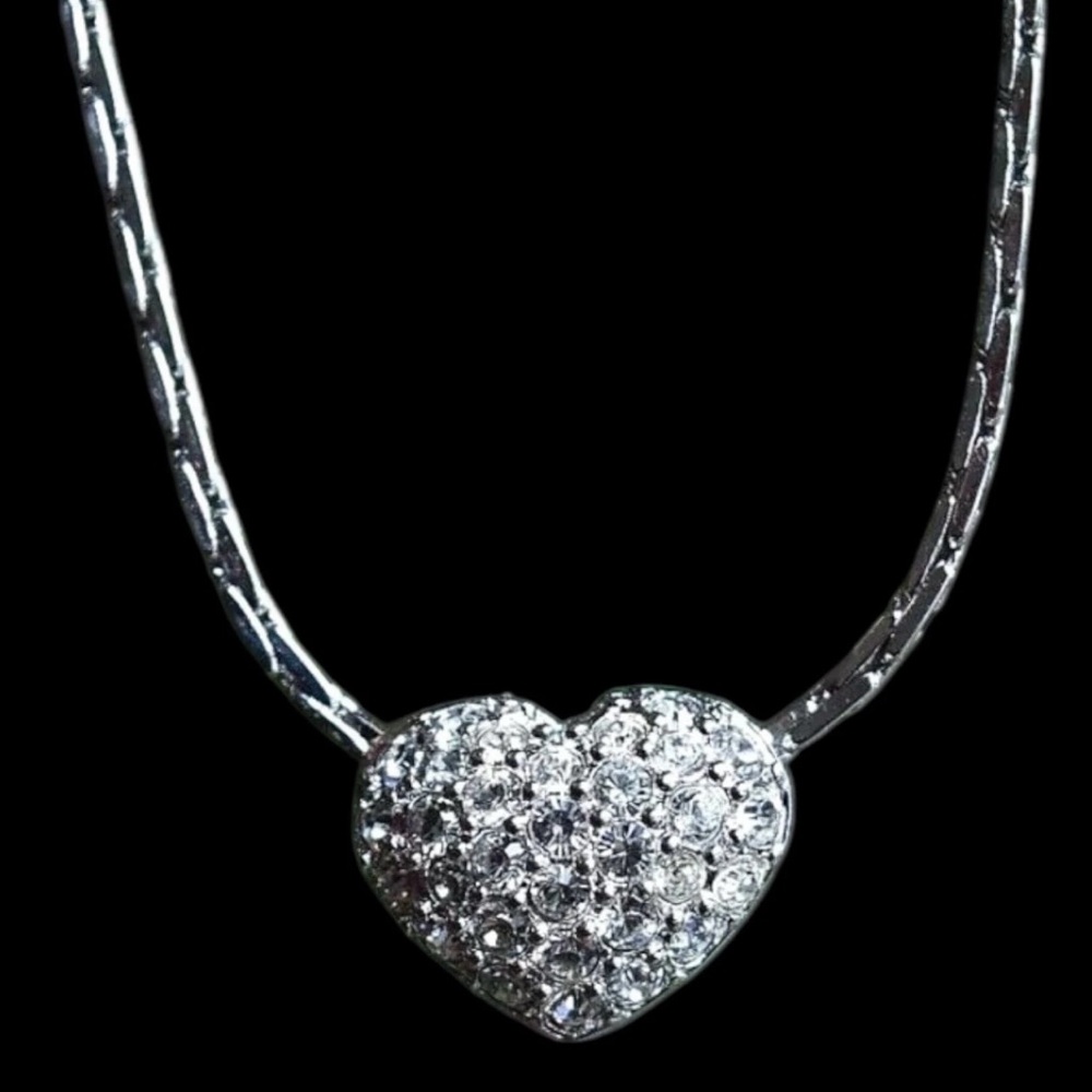 Vintage Silver Swarovski Crystal Necklace Pavé Puffed Heart 18'' Signed Swan
